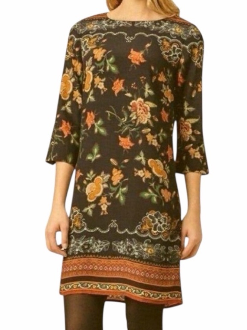 Desigual Floral Shift Dress 3/4 sleeve black Boho size‎ small (38)